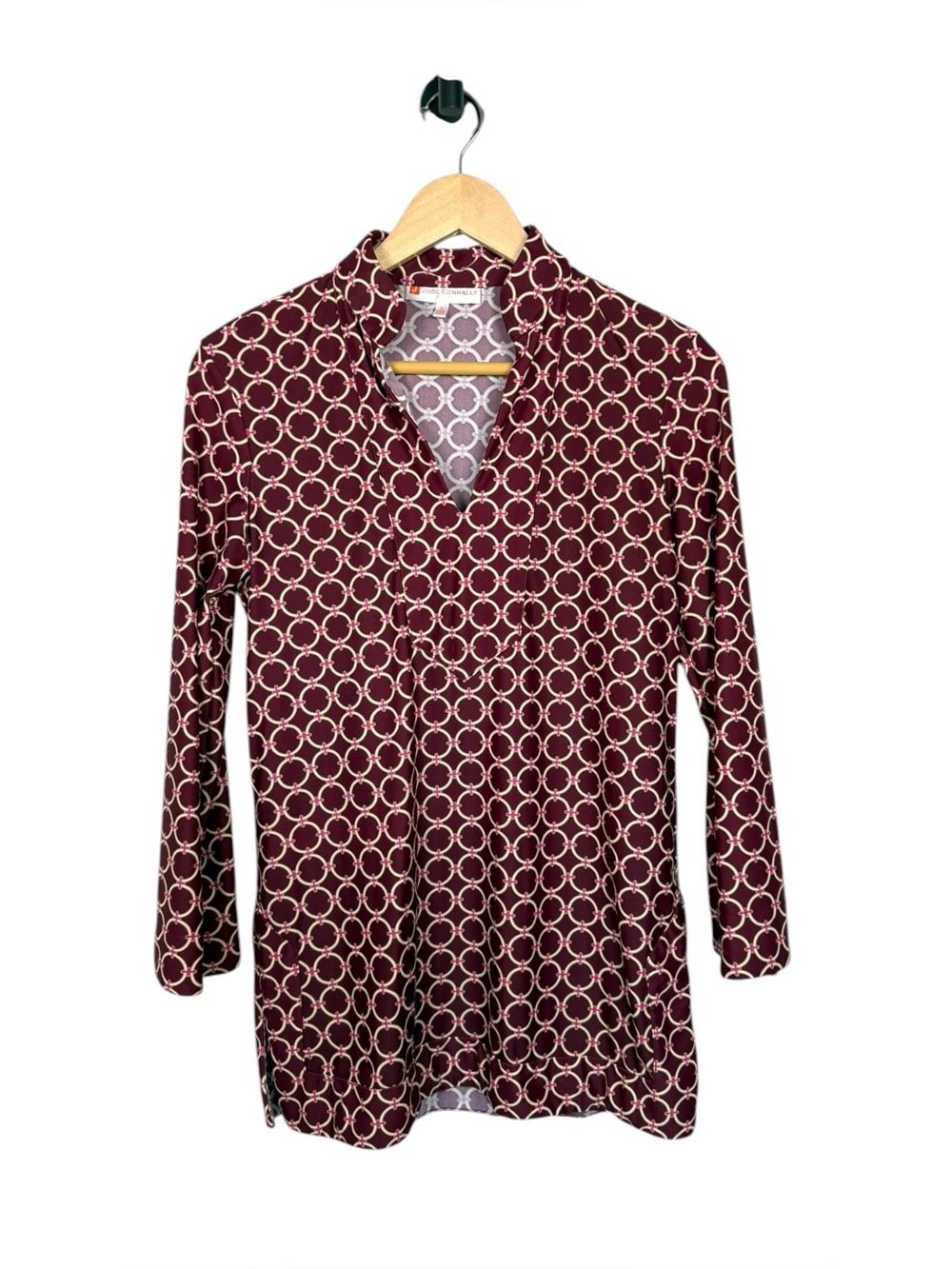 Jude Connally Chris Tunic Top Burgundy Geometric Mandarin Collar S